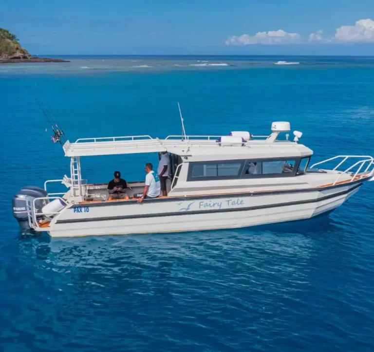 Plate aluminium charter boat anchored over a tropical reef