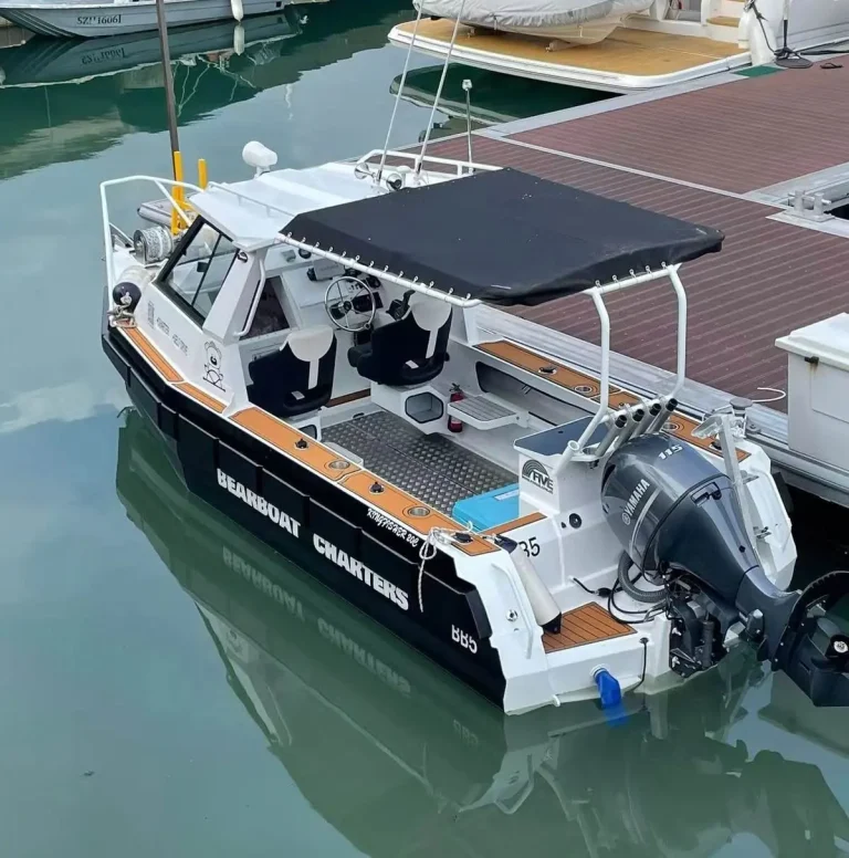 Plate aluminium charter boat with canopy at the marina