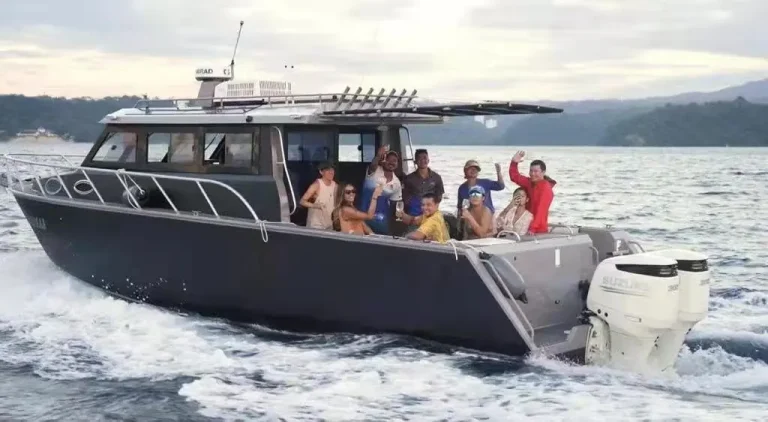 Plate aluminium hardtop boat with twin outboards on a sea trial
