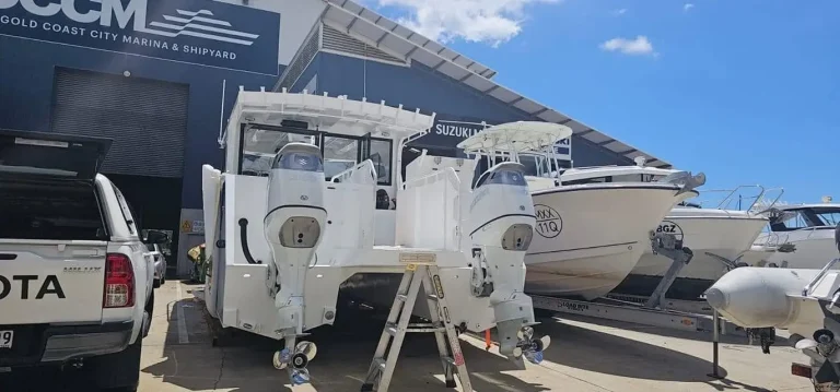 Plate aluminium hardtop boats parked at the yard