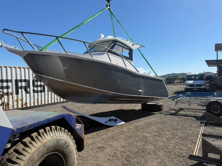 Plate aluminium hull slung from a crane