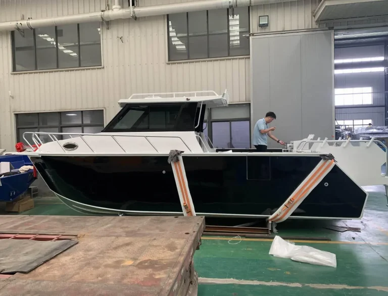 Plate aluminium hull under construction in the shed