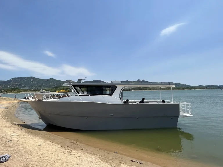 Plate aluminium landing craft beached on the shore