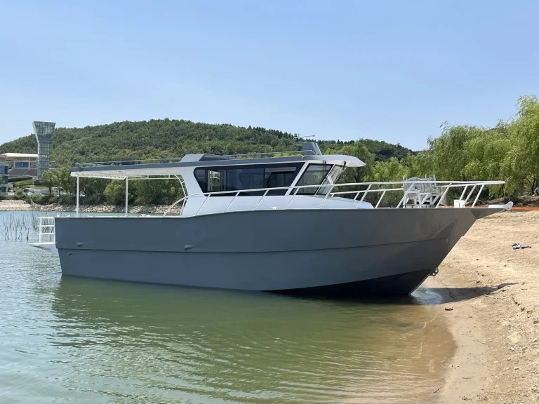 Plate aluminium landing craft with canopy on the shoreline