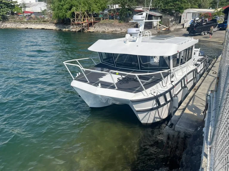Plate aluminium passenger catamaran at a jetty