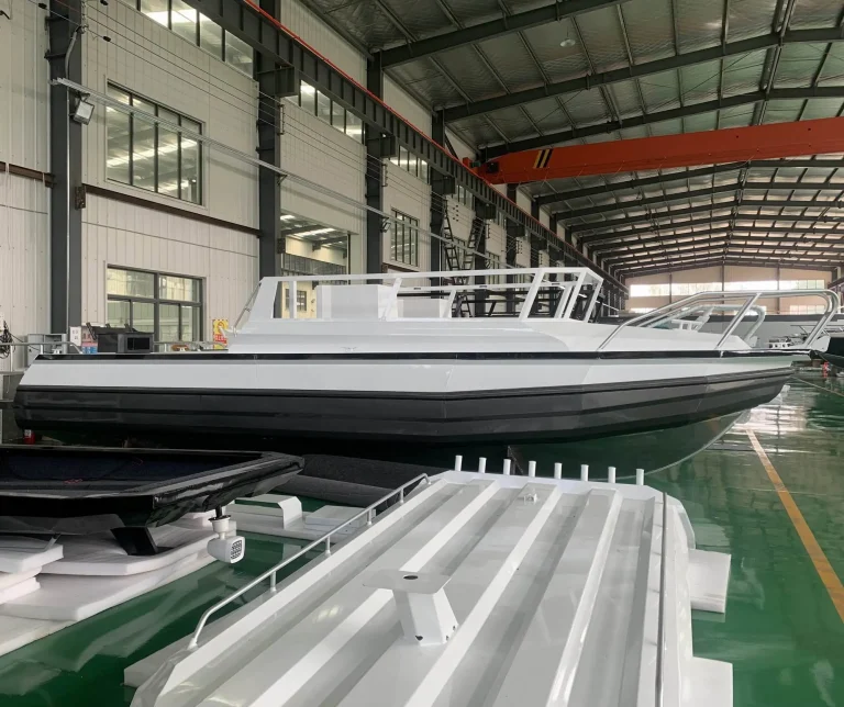 Plate aluminium work boat hull on the factory floor