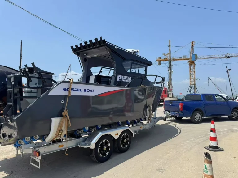 Police patrol boat on a trailer at the wharf