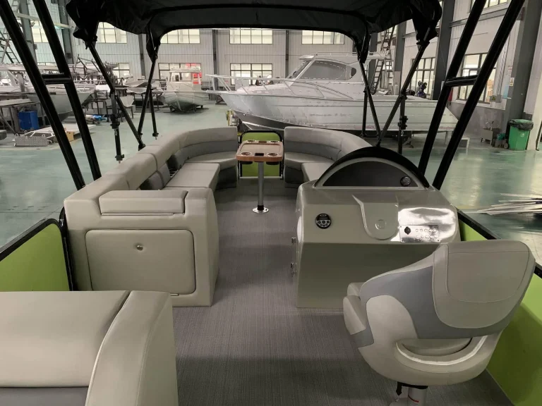 Pontoon boat lounge seating and helm