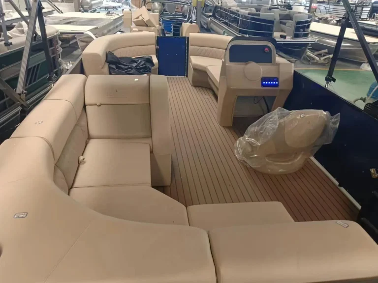 Pontoon boat lounge seating in cream upholstery