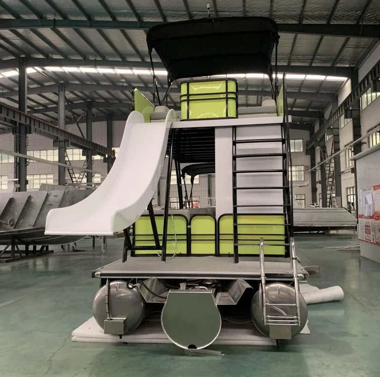 Pontoon boat with upper deck and slide under construction