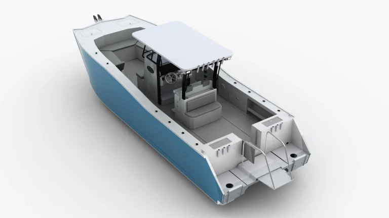 Render of a blue hulled centre console with hardtop