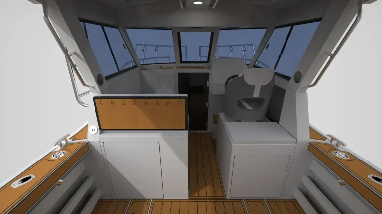 Render of a wheelhouse interior with timber trim