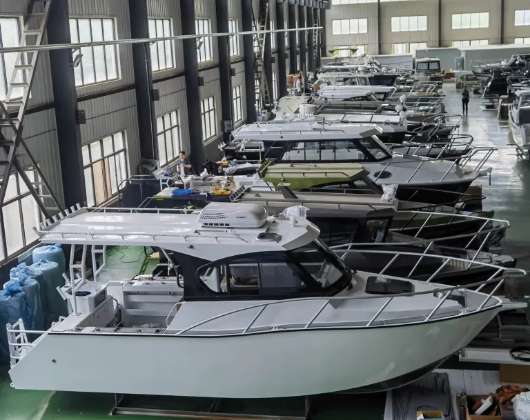 Row of plate aluminium hulls in build in the factory