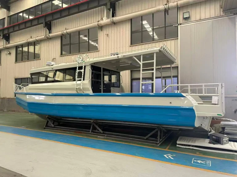 Side view of a blue plate aluminium hull