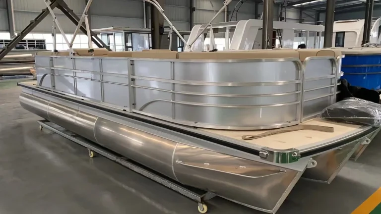 Silver aluminium pontoon boat with plush lounge seating