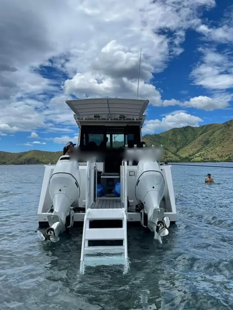 Stern and boarding ladder of a boat anchored off the beach