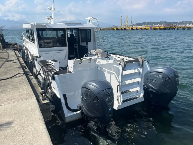 Stern and outboards of a passenger catamaran