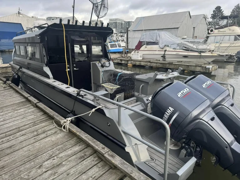Stern and twin outboards of a boat at a jetty