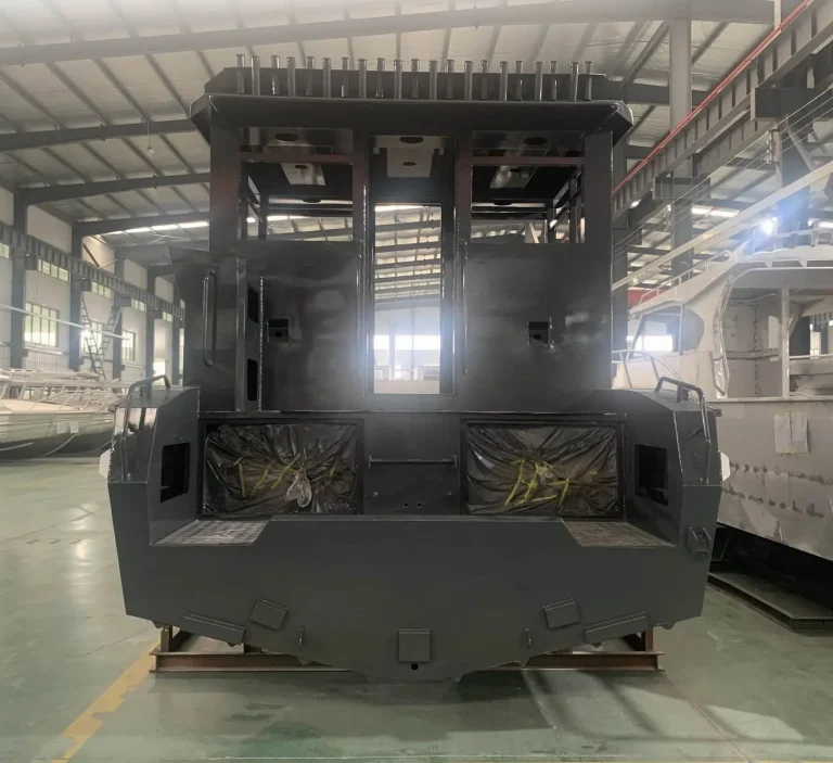 Stern of a large plate aluminium hull mid build with transom bracing