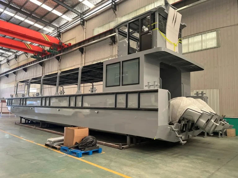 Stern of a passenger vessel with outboards in build