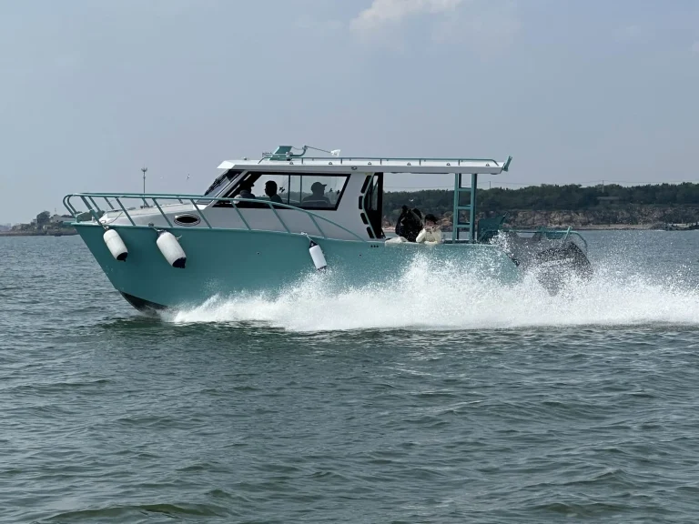 Teal plate aluminium cabin boat running on the bay