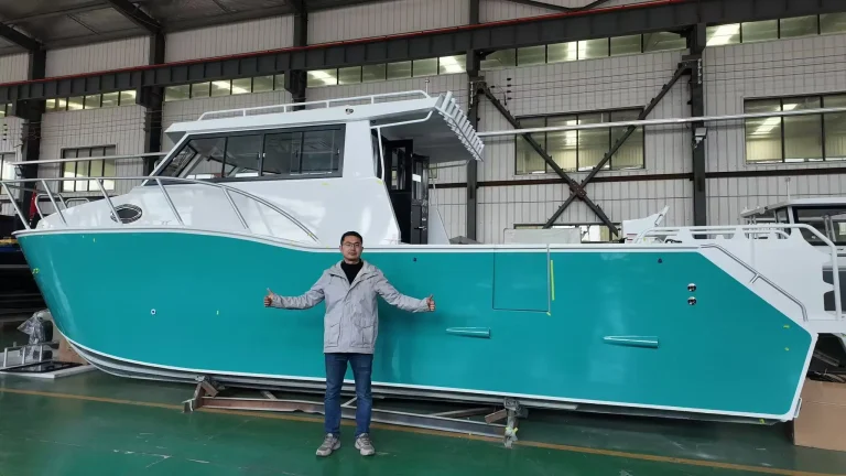 Teal plate aluminium hull in the factory with the builder