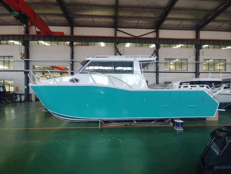 Teal plate aluminium hull in the finishing bay