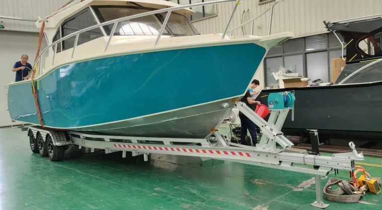 Teal plate aluminium hull under fit out in the factory