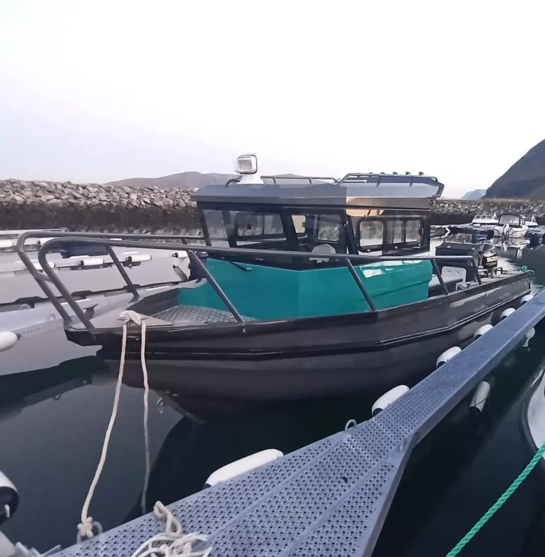 Teal roofed plate aluminium cabin boat moored in a marina