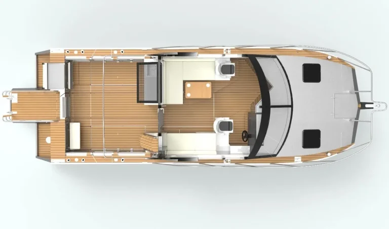 Top down layout render of a cabin boat interior