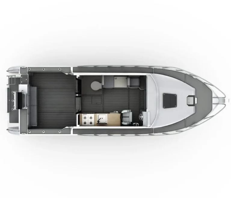 Top down layout render of a plate aluminium cabin boat