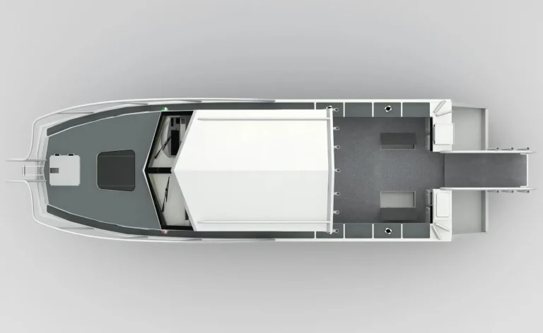 Top down render of a plate aluminium cabin boat layout