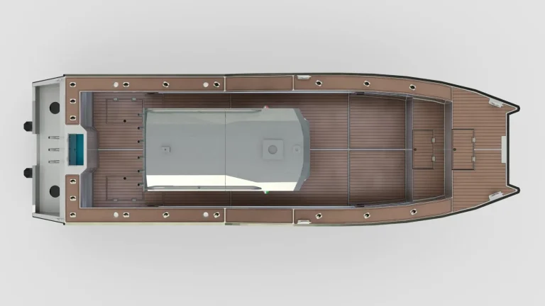 Top down render of an open plate aluminium boat layout