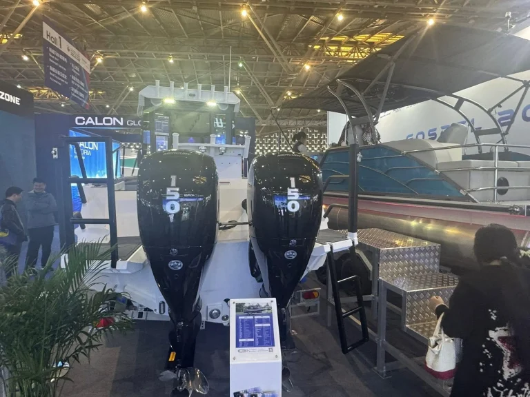 Twin outboards on a show boat at an exhibition