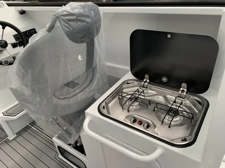 Two burner gas cooktop in a boat galley