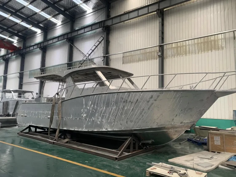 Unpainted landing craft with bow ramp in the factory