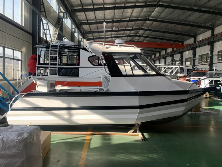 White and red plate aluminium boat under fit out