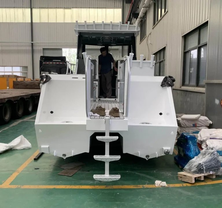 White landing craft with bow ramp in the factory