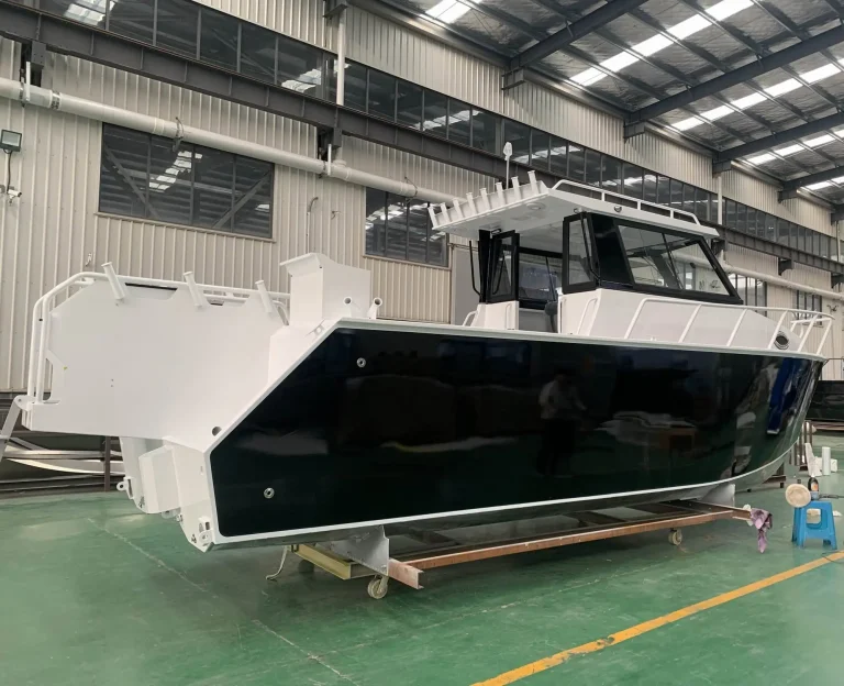 White plate aluminium hardtop hull on the factory floor