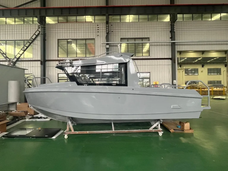 White plate aluminium hull on stands in the factory