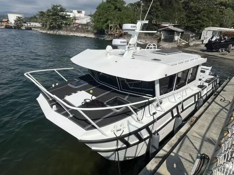 White plate aluminium passenger catamaran at a marina