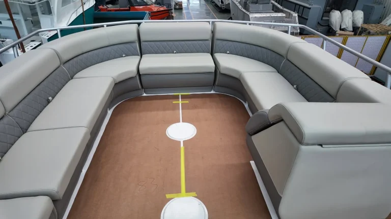 Wraparound lounge seating with timber look flooring