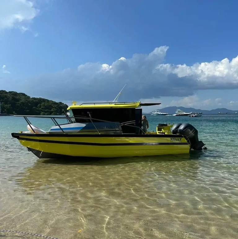 Yellow and black plate aluminium boat in shallow tropical water