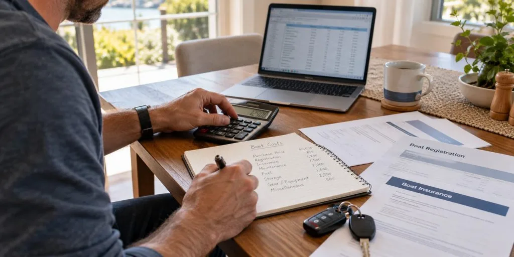 Boat owner calculating registration, insurance and other boating expenses