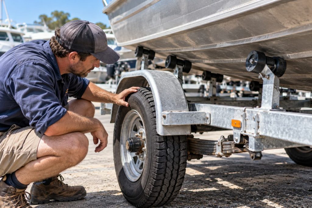 Buyer inspecting the wheel, hub and chassis of a used aluminium boat trailer