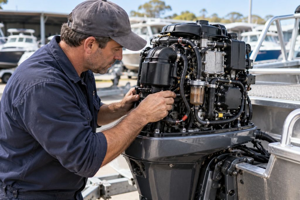 Marine mechanic checking the wiring, hoses and connections on a used outboard motor