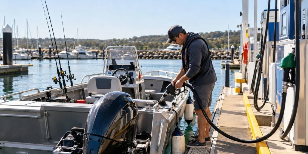 Owner refuelling an aluminium fishing boat at an Australian marina