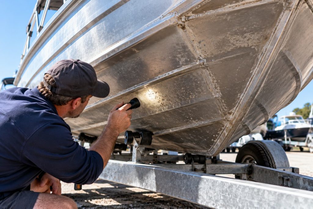 Close inspection of aluminium boat hull plating and weld seams for damage and corrosion