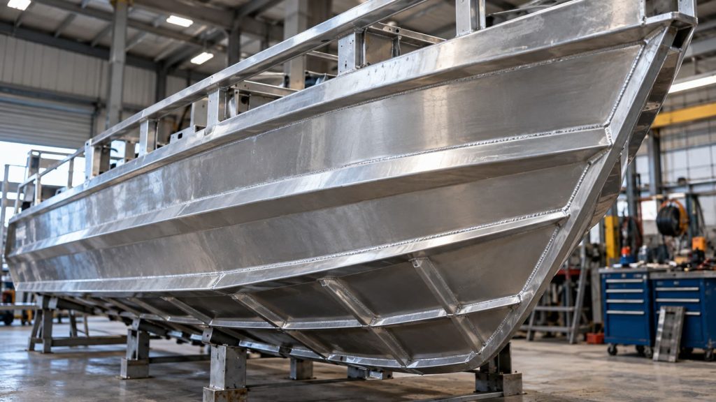 Double chine hull construction showing aluminium boat framing and welds