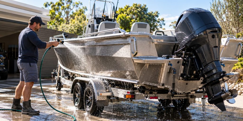 Owner rinsing an aluminium fishing boat after use to help reduce maintenance costs